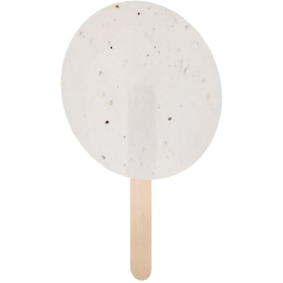 A round, speckled white ice cream pop with a wooden stick handle.