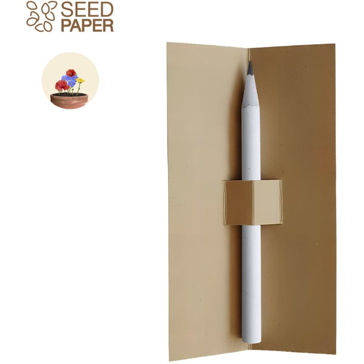 A grey-lead pencil in a cardboard packaging featuring a logo, designed for plantable seed paper products.