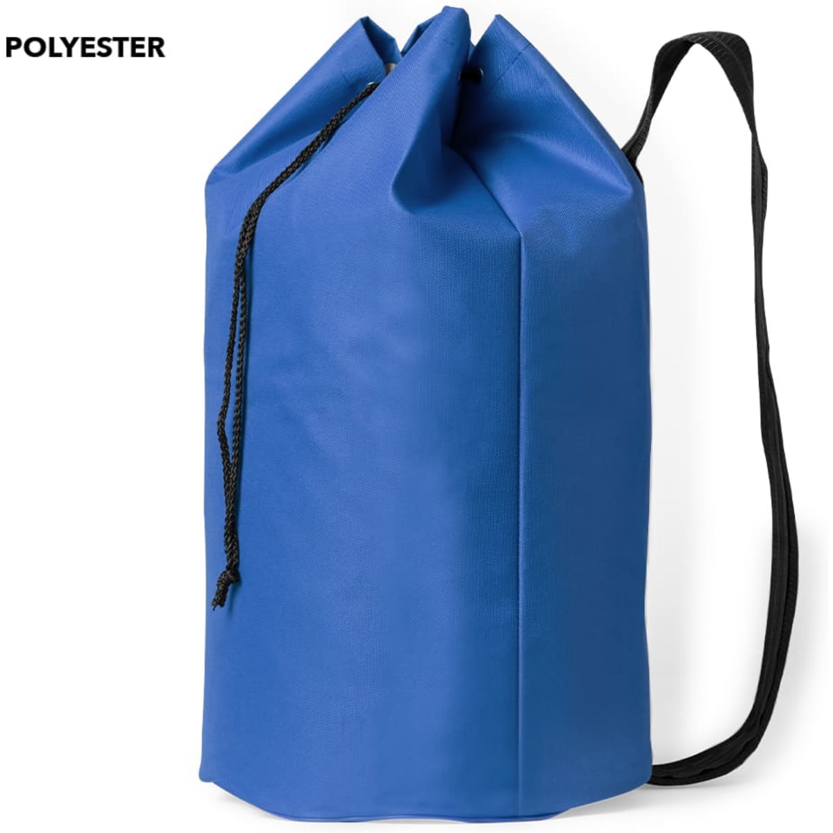 A blue duffel bag made of polyester with a black strap and drawstring closure. It features a logo.