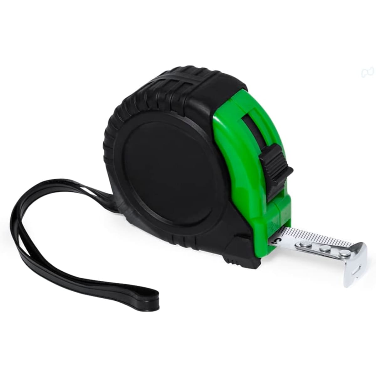A tape measure in black and green, featuring a blade and a measuring hook. It includes a strap for easy handling.