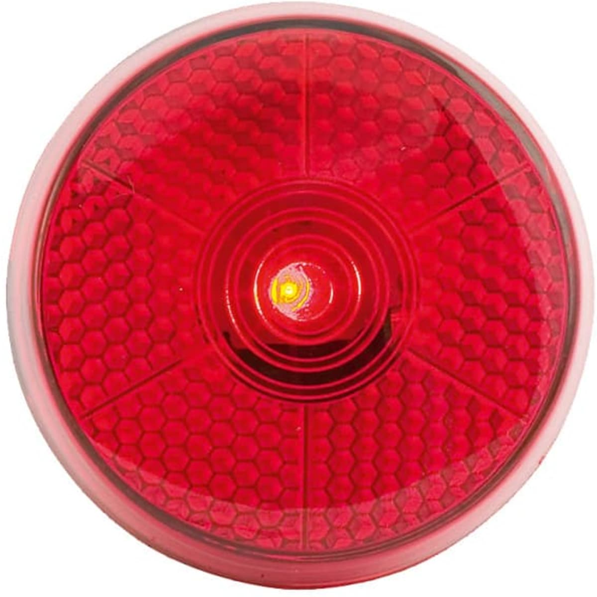 A round red light with a honeycomb pattern and a central light source, featuring a branding logo.