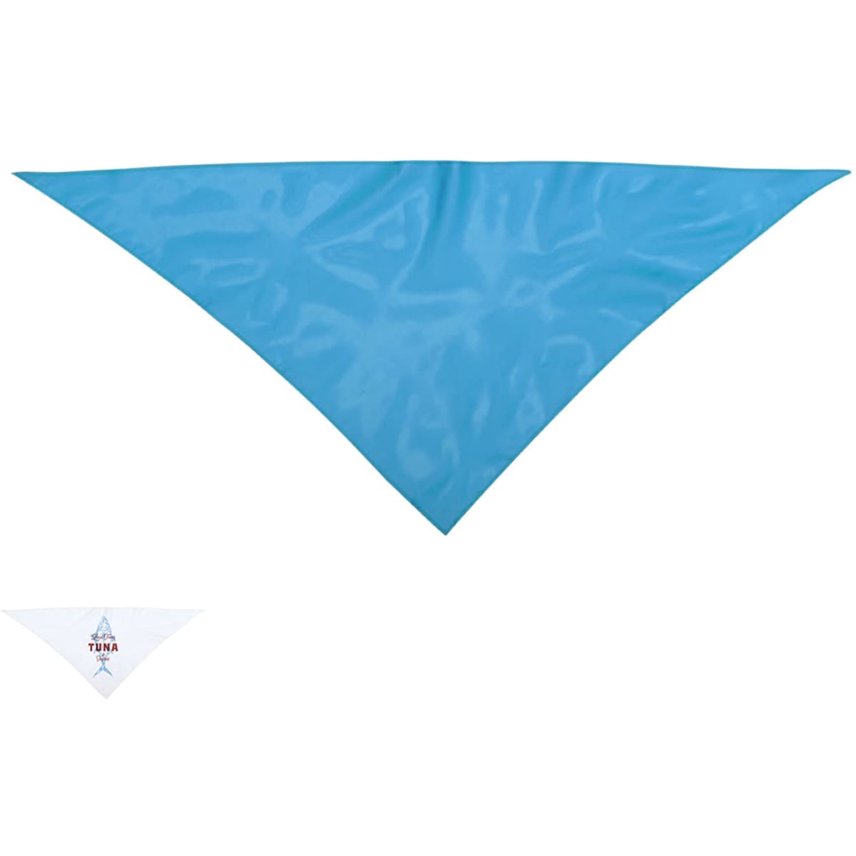 A triangular scarf in a vibrant turquoise colour with a small logo on one corner.