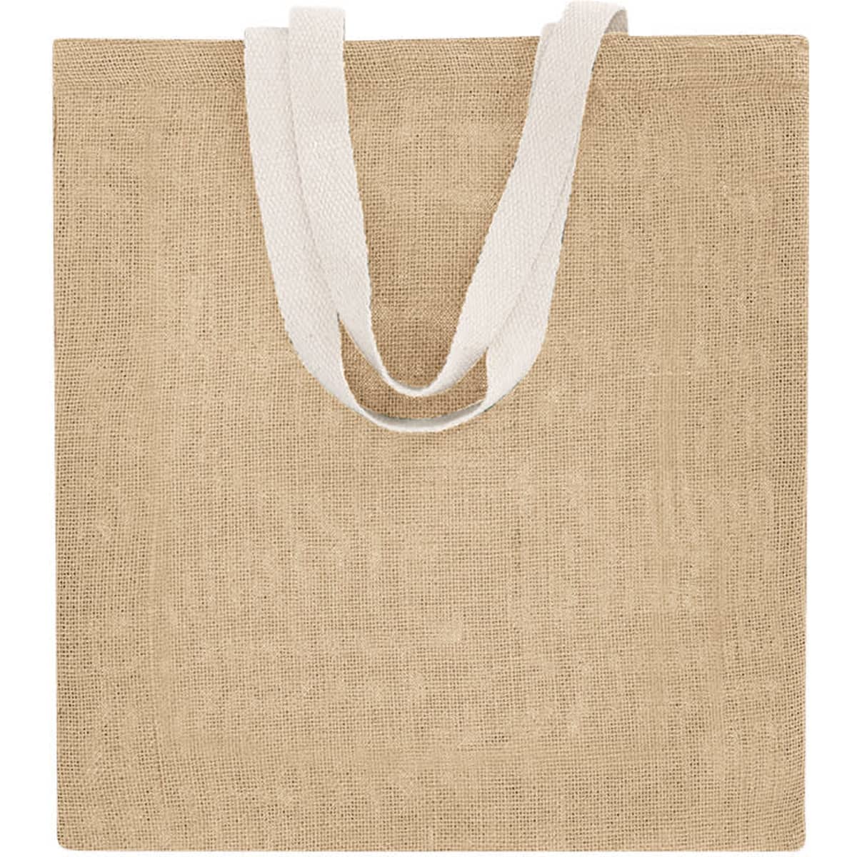 A beige tote bag with white handles, featuring a simple, textured design. It has a logo on one side.
