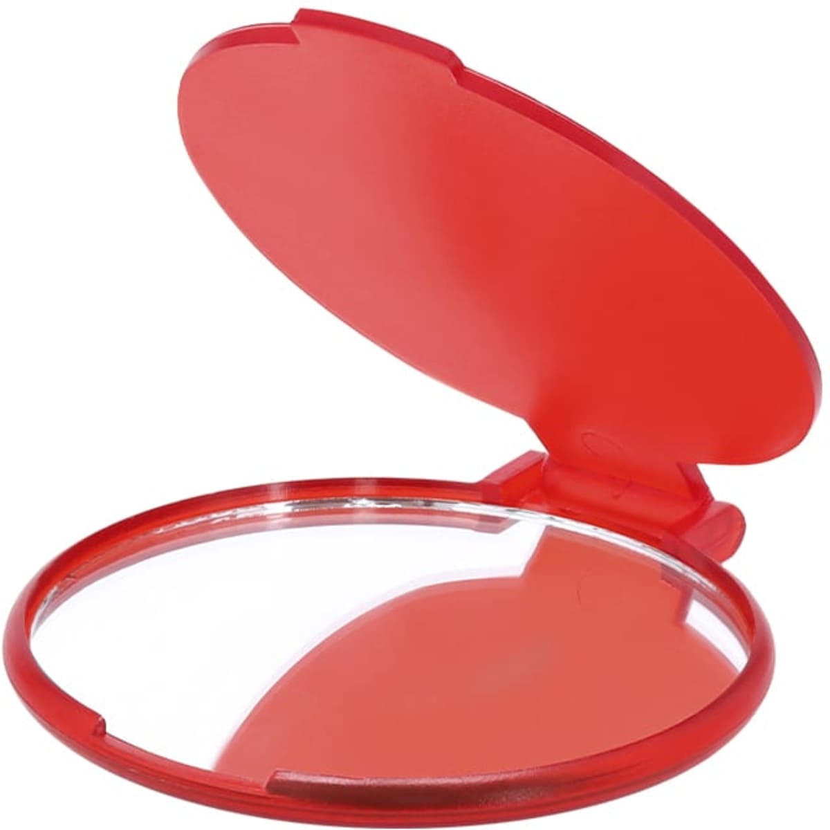 A red handheld mirror with a flip-top design, featuring a clear reflective surface and a sturdy base.