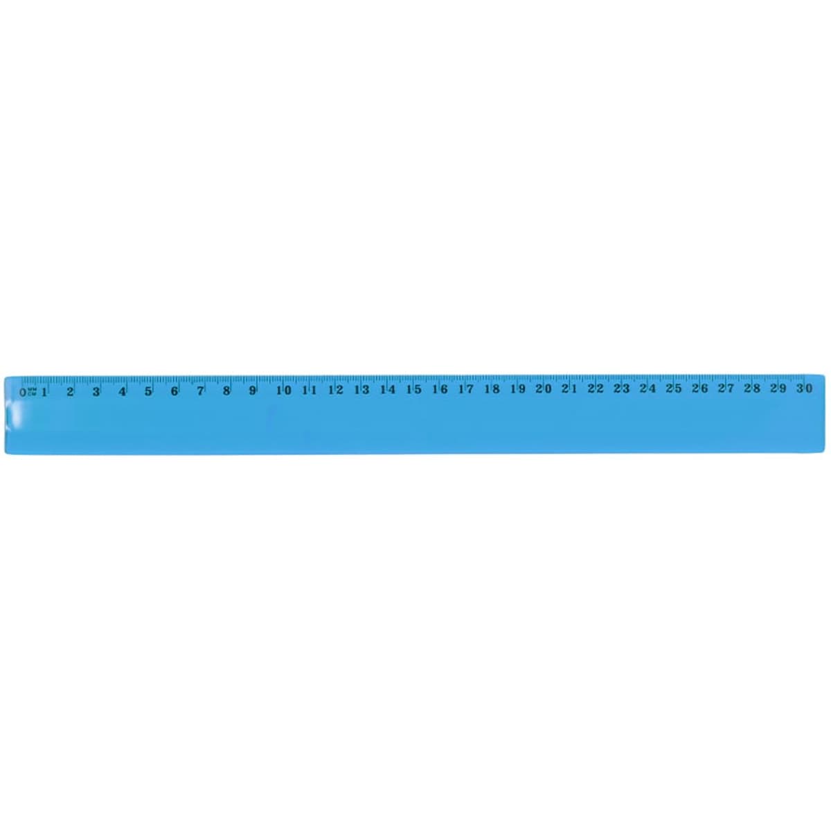 A blue ruler with measurement markings from 0 to 30, featuring a branding logo.