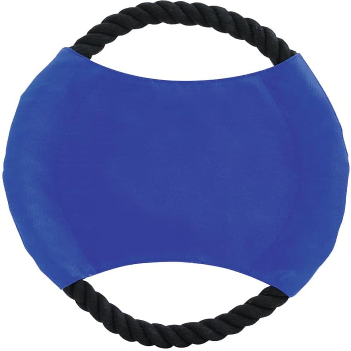 A blue frisbee with a black rope handle, designed for throwing and play. Features a simple, round shape.