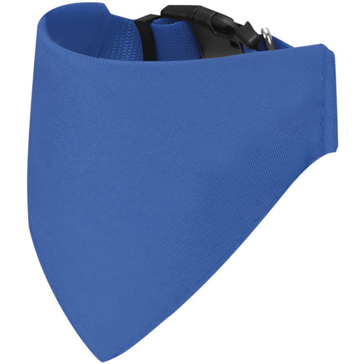 A blue pet accessory featuring a collar design with adjustable strap and a logo detail.