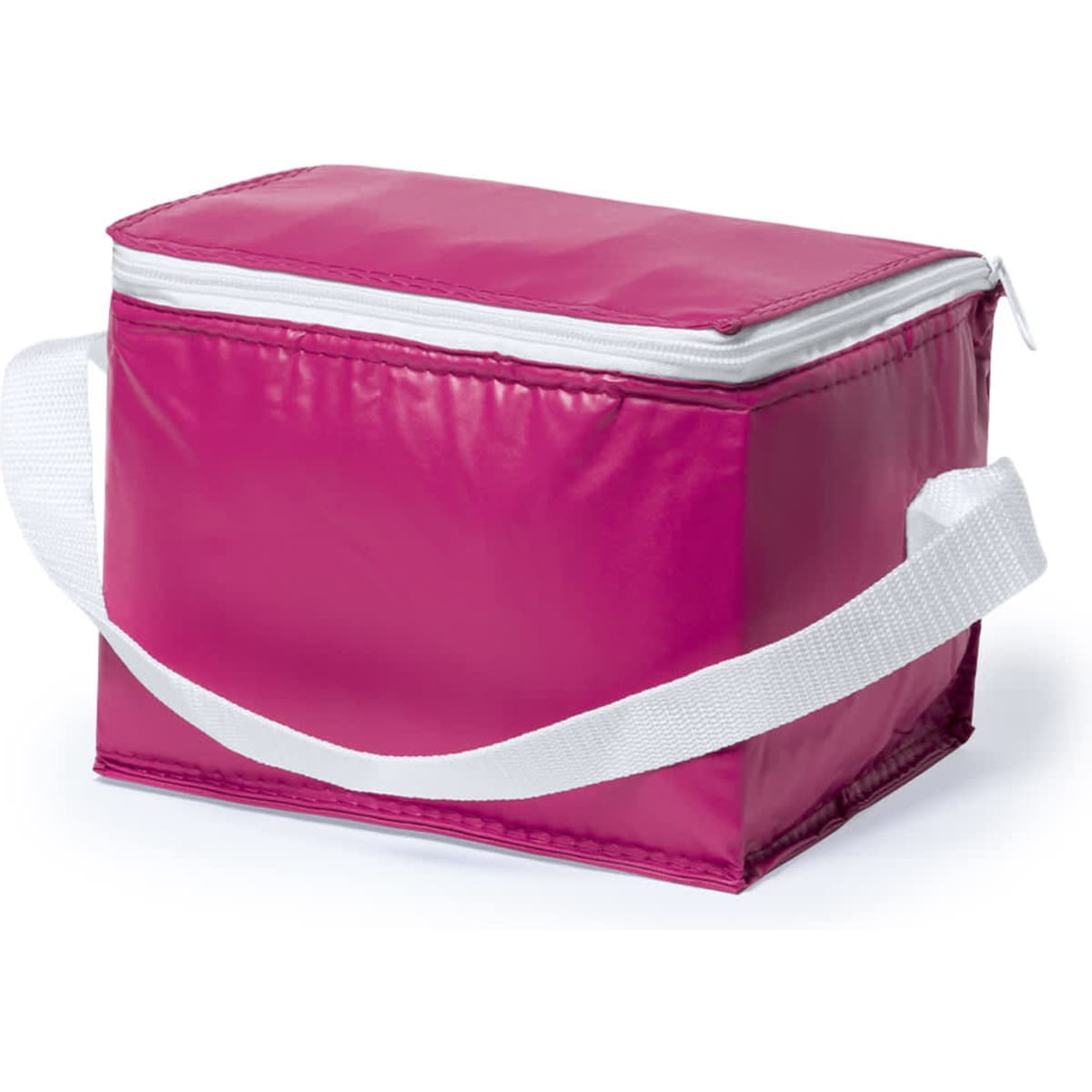 A pink cooler bag with a white zip and a white shoulder strap. It has a rectangular shape and features a logo.