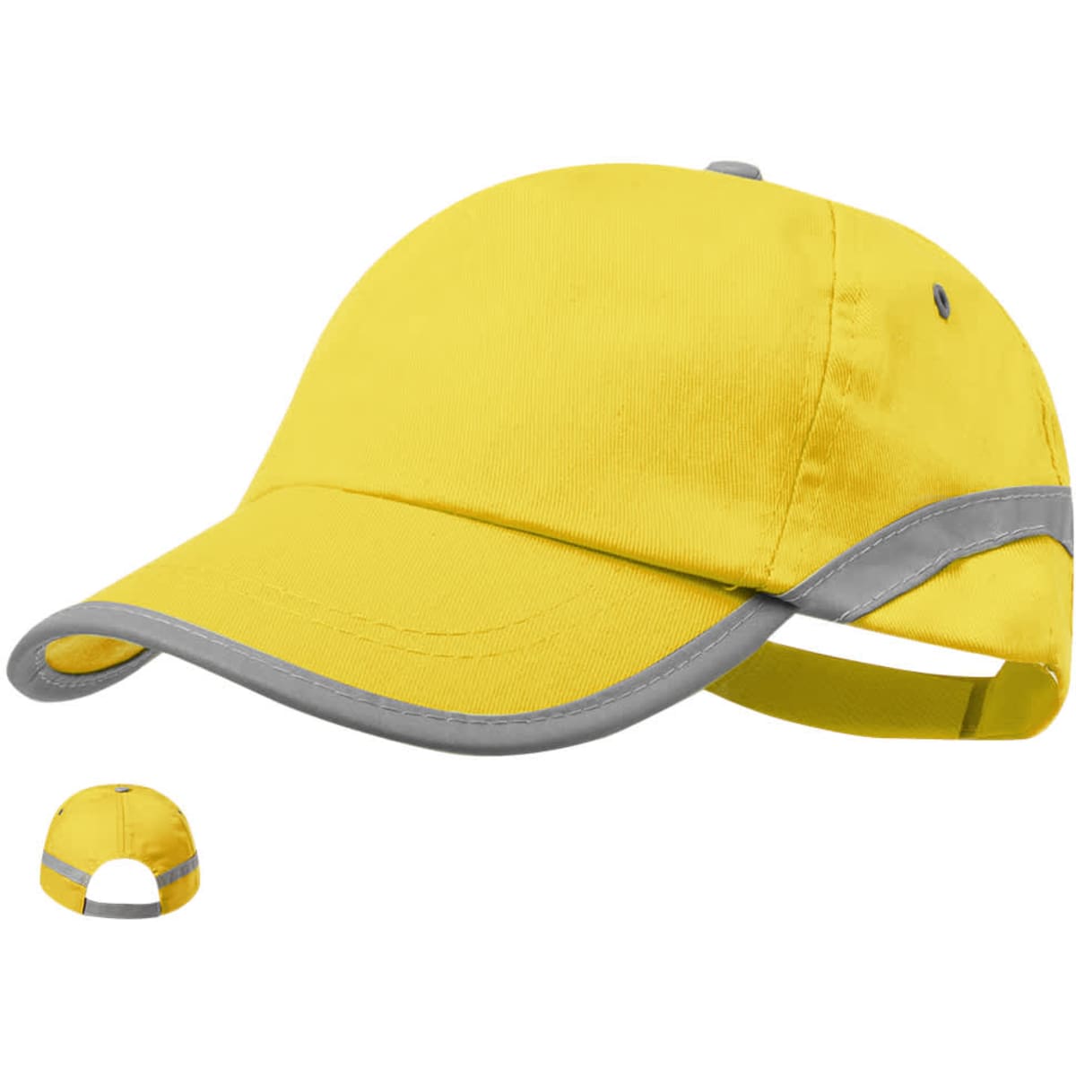 A yellow cap with a grey trim and an adjustable strap, featuring a logo on the front.