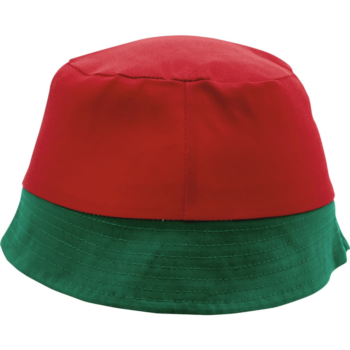 A red and green bucket hat with a solid design and a visible logo feature.