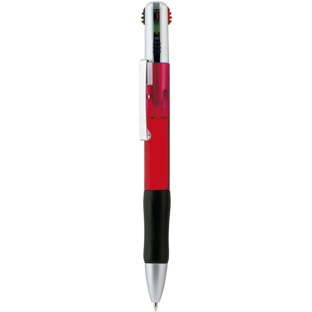 A red and black multifunction pen with a clip and a transparent barrel. It features various writing functions.