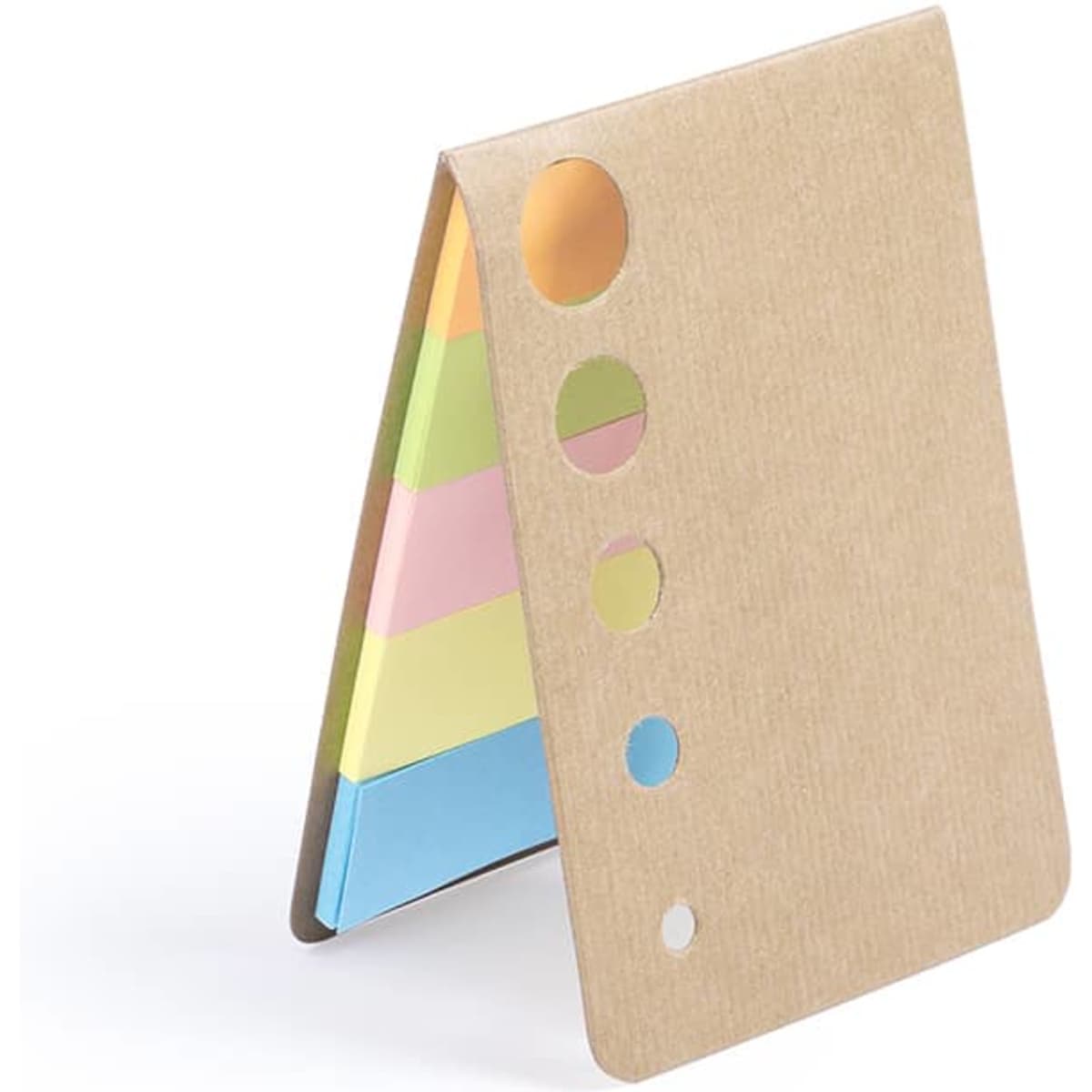 A Zinko Notebook with a natural kraft cover and pastel sticky notes in pink, yellow, and blue. It features a logo.