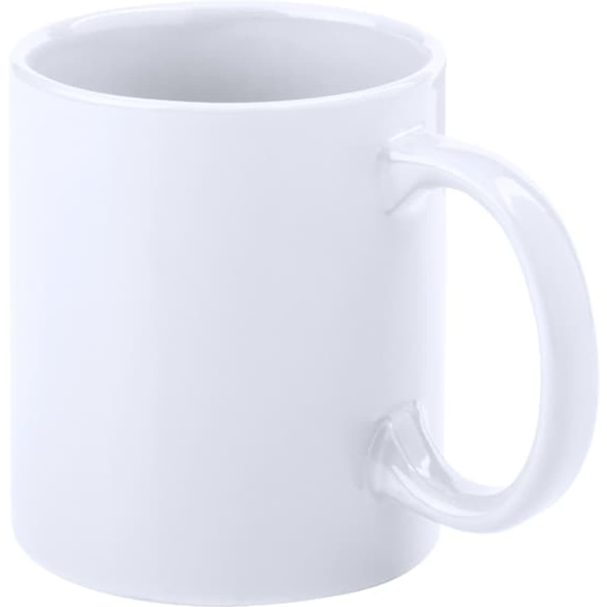 A white coffee mug with a smooth finish and a curved handle, featuring a logo on one side.