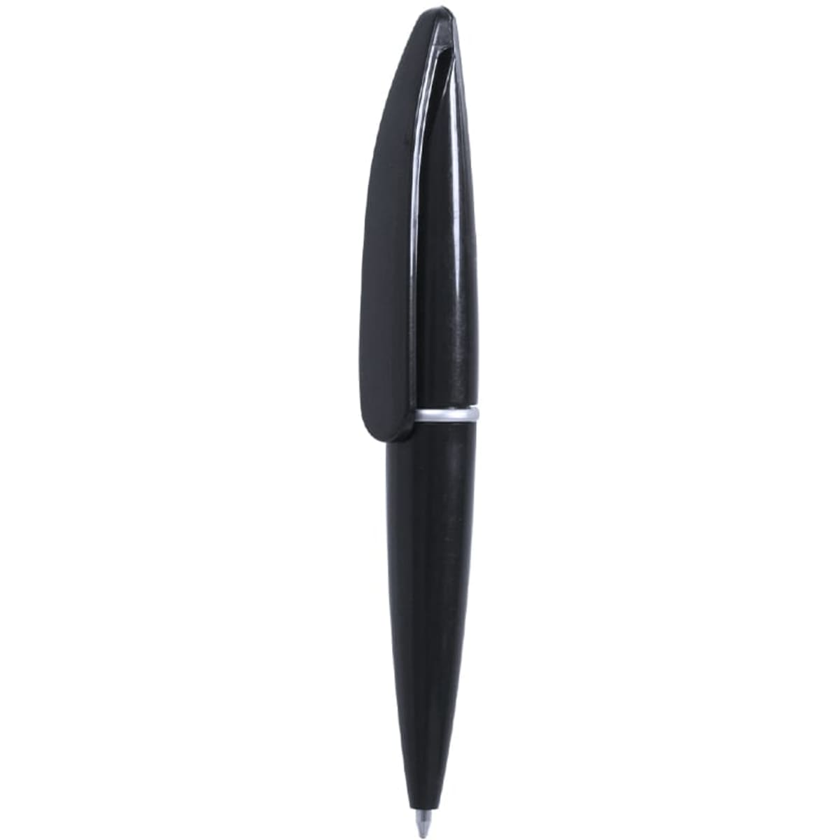 A black ballpoint pen with a sleek design and a silver accent, featuring a clip and a logo.