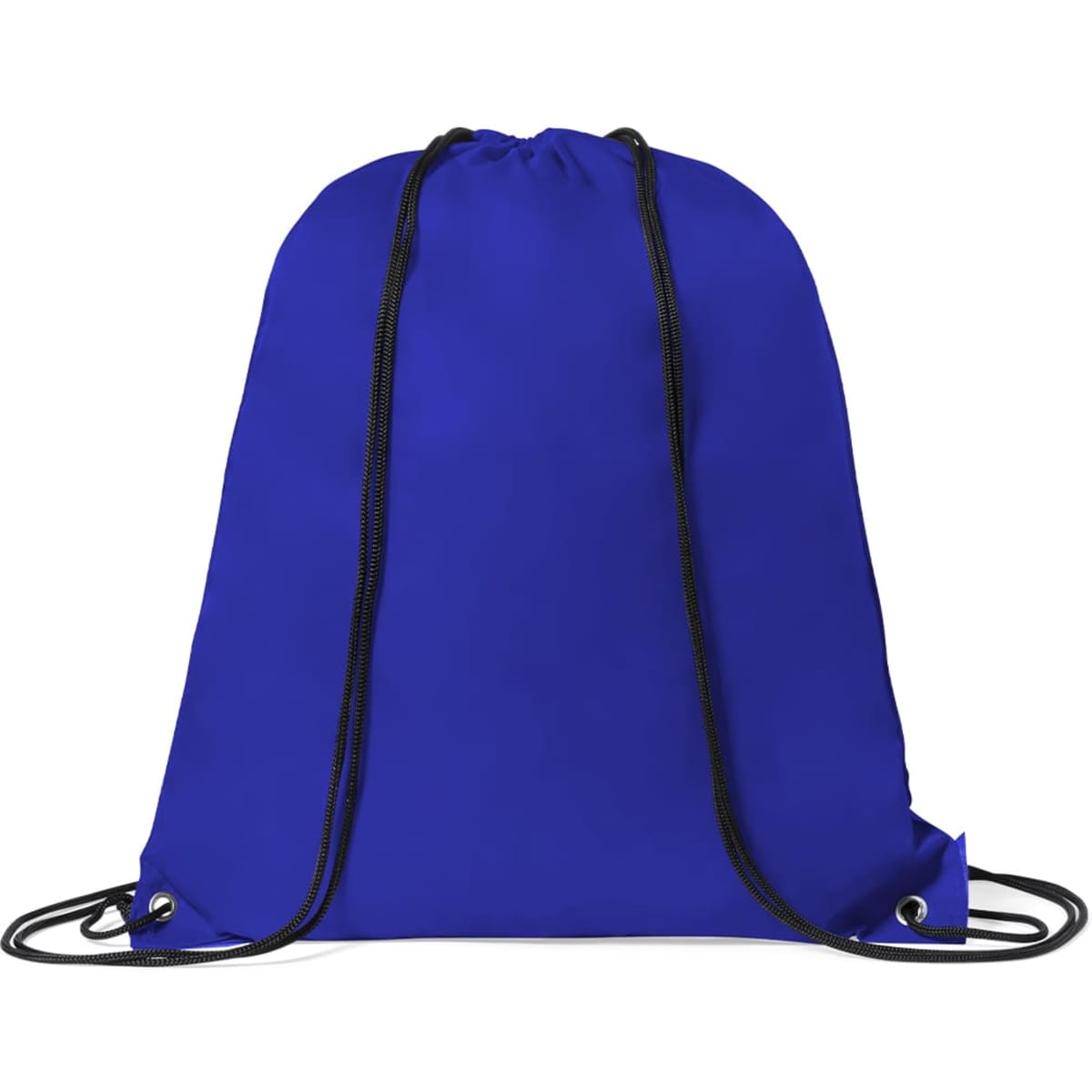 A bright blue drawstring bag featuring black cords and eyelets, ideal for carrying essentials.