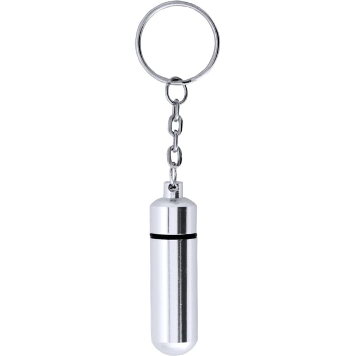 A silver cylindrical keyring with a keychain attachment, featuring a small cap at one end.