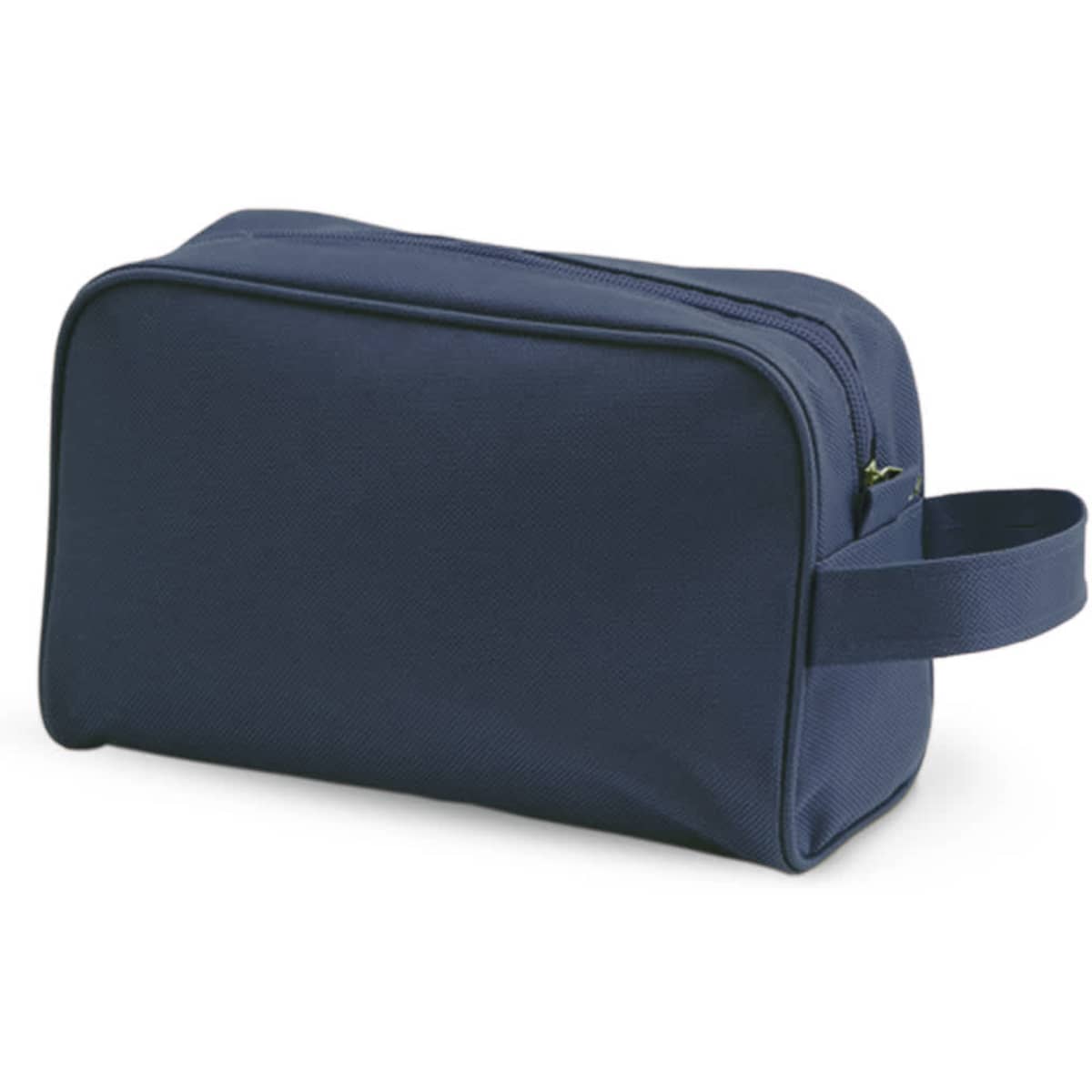 A navy toiletry bag with a zip closure and a side handle, featuring a simple design.