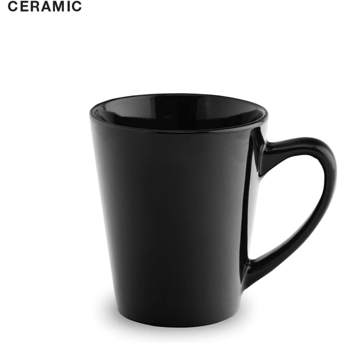 A black ceramic mug with a tapered design and a handle, featuring a glossy finish.