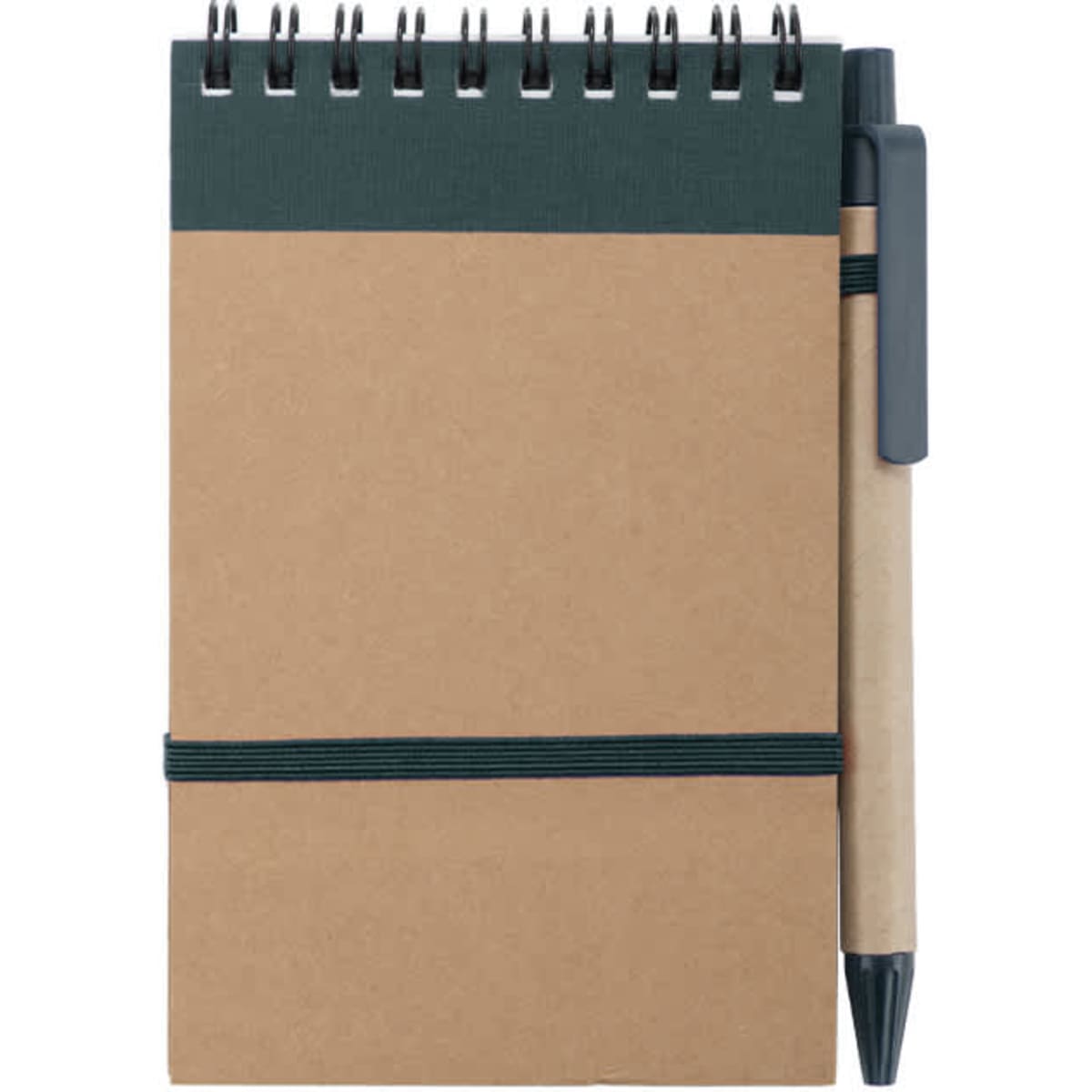 A kraft brown notebook with a dark green band and a matching pen attached, featuring a spiral binding.