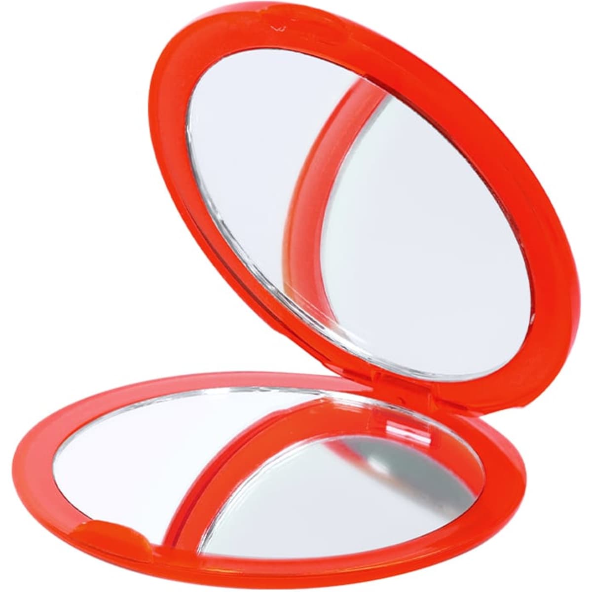A compact mirror with a bright red casing and two reflective surfaces inside. It includes a small branding logo.