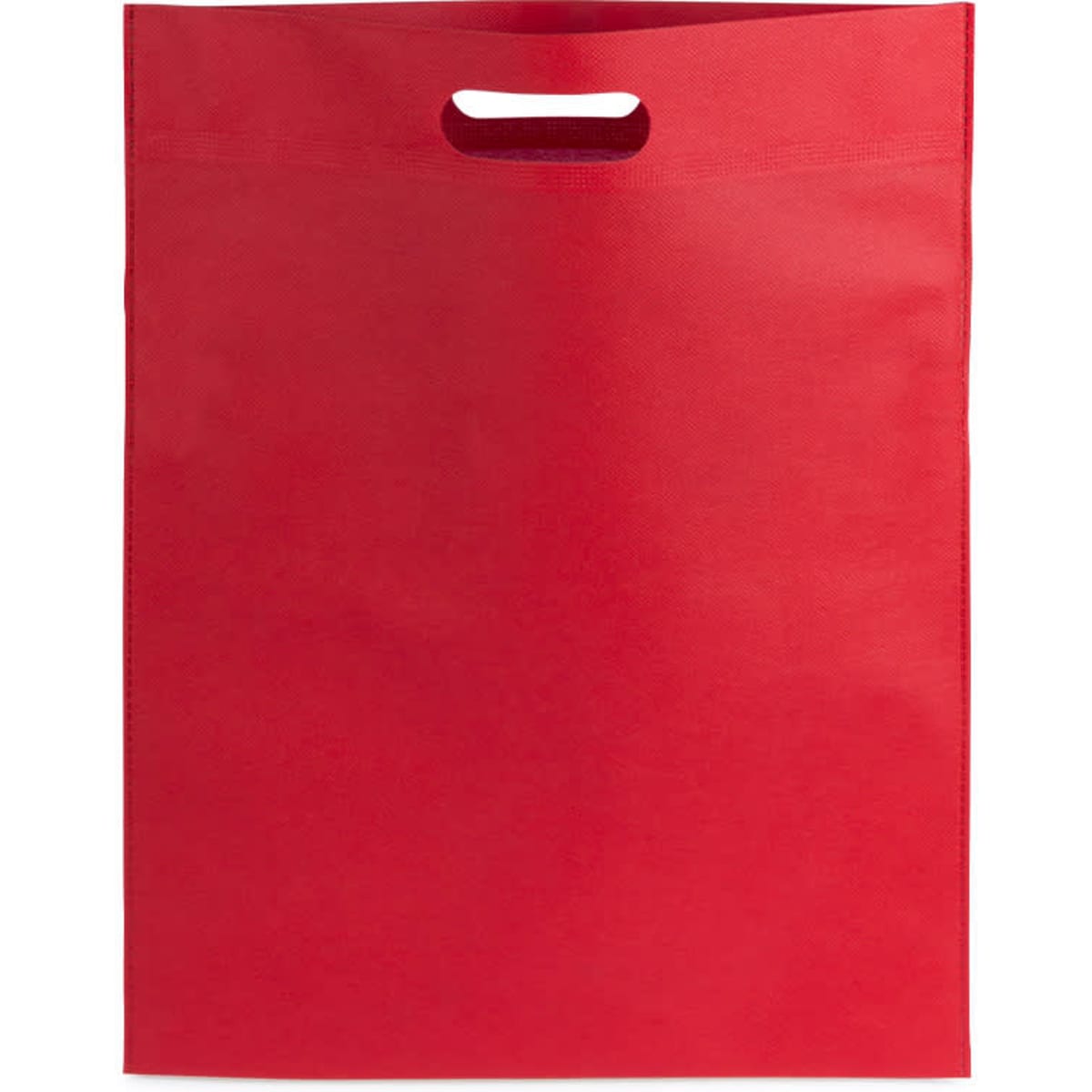 A red promotional bag with a cut-out handle and a plain design. It features a logo on one side.