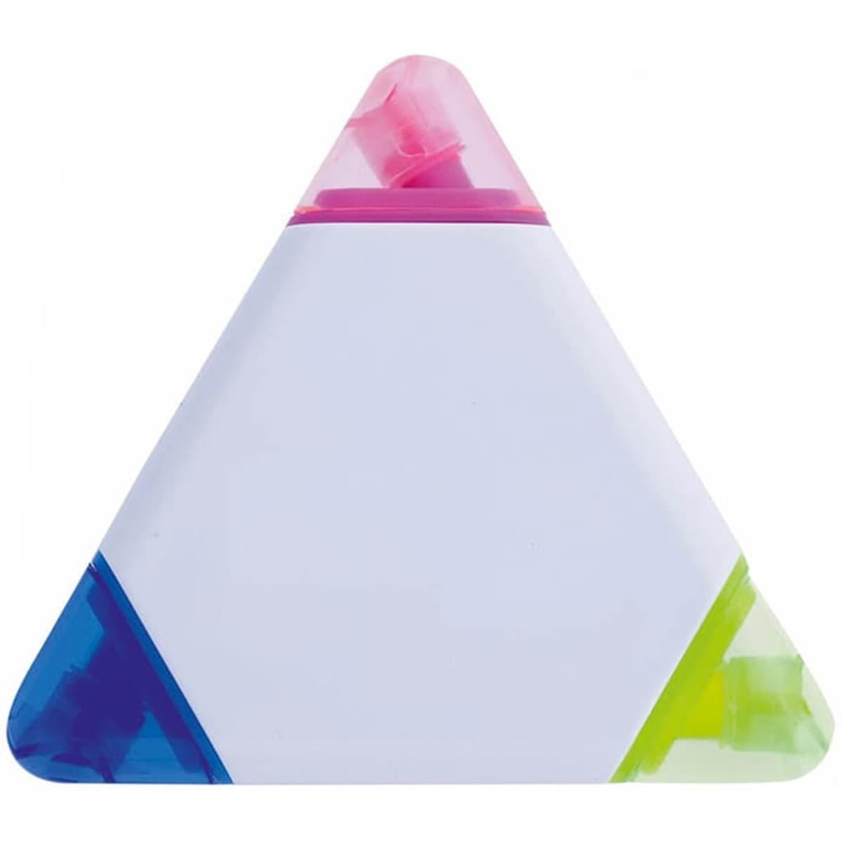 A triangular highlighter with pink, green, and blue sections, featuring a logo on the body.