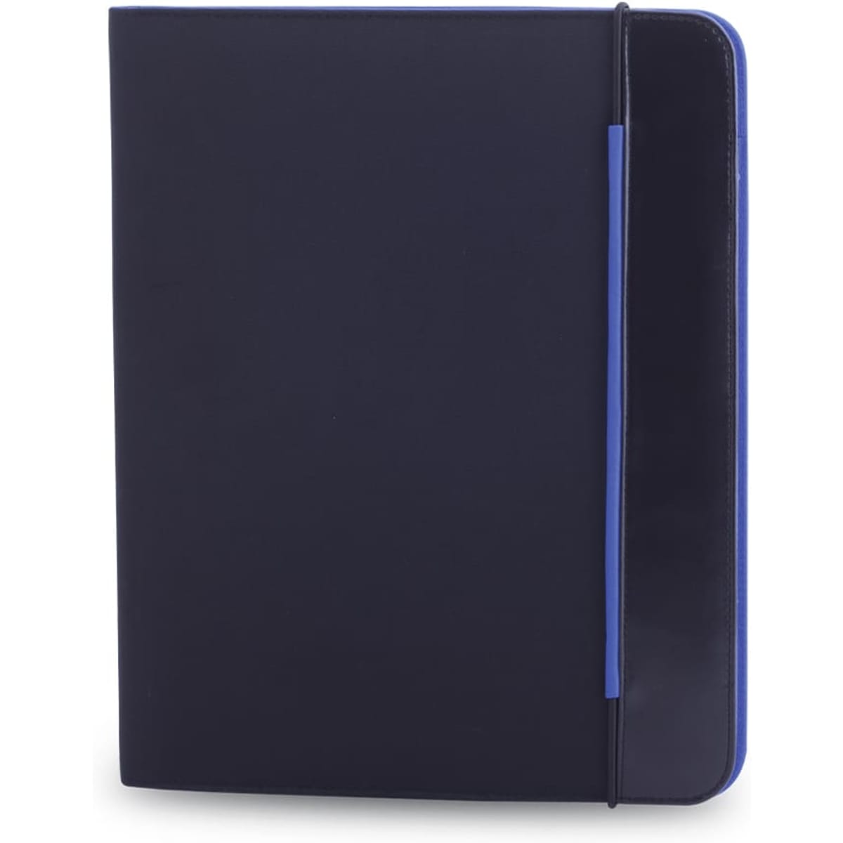 A navy blue folder with a sleek design and a blue accent, featuring a logo on the front.