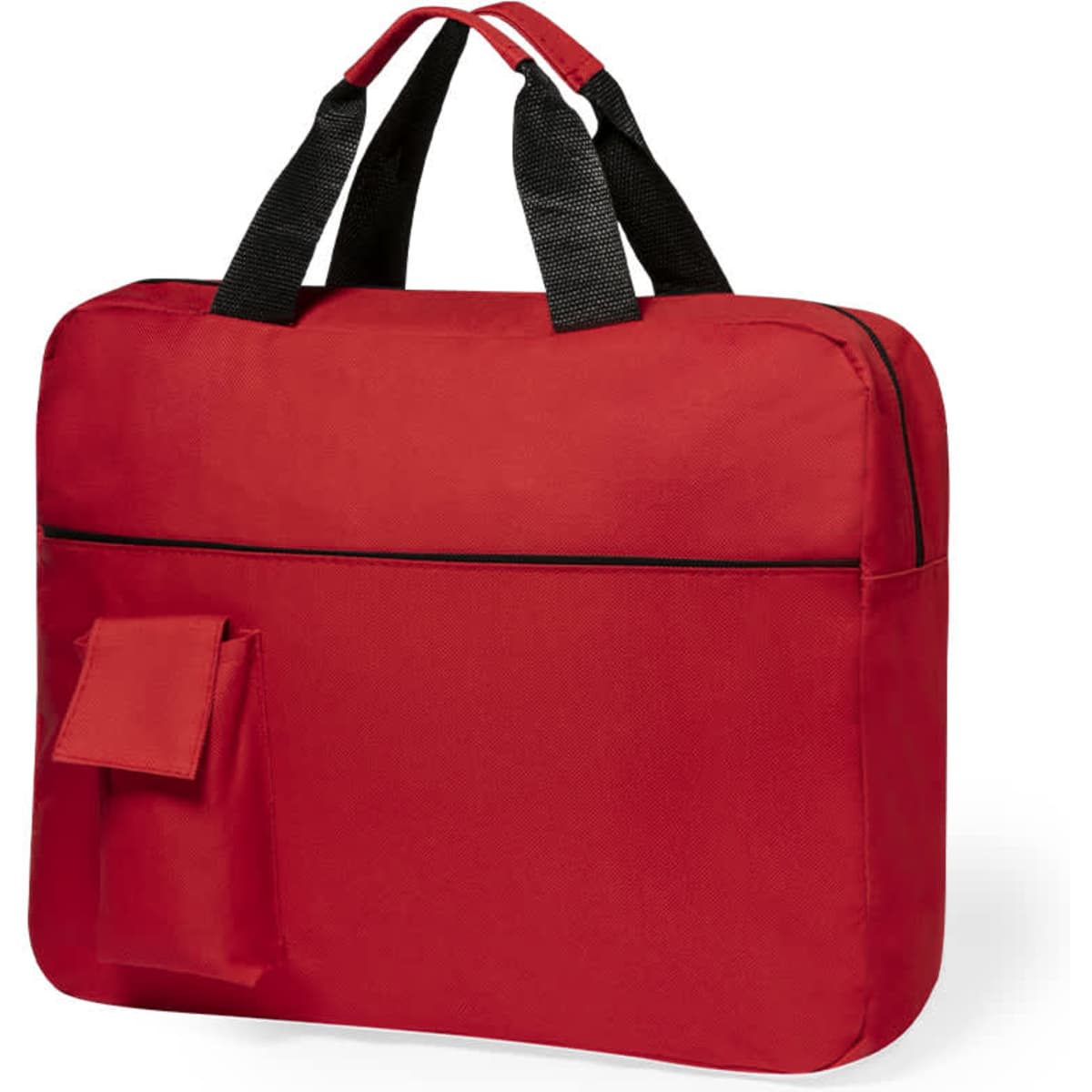 A red document bag with black straps, featuring a side pocket and a zippered main compartment.