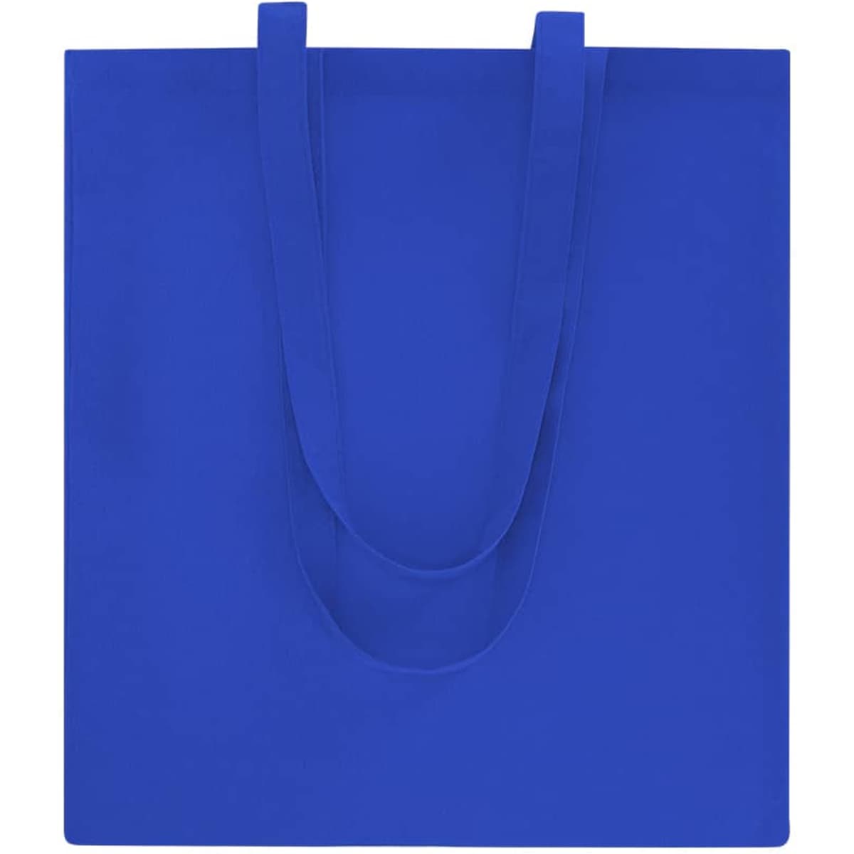A blue tote bag with two handles, featuring a smooth, simple design and a logo.