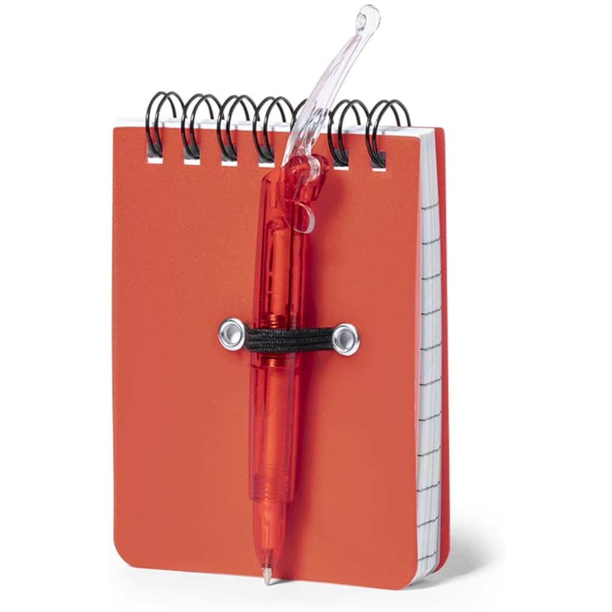 A small orange spiral notebook with a clear pen attached by a black elastic band. It has a grid design on pages.