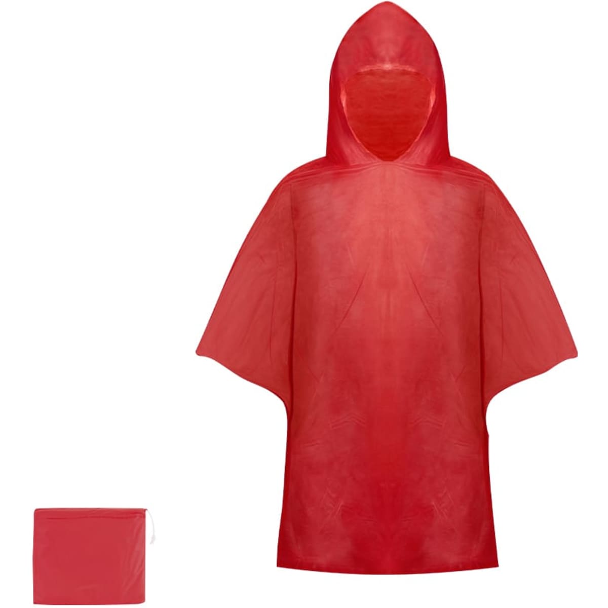 A red poncho with a hood is displayed, accompanied by a matching storage pouch. The poncho has a logo.
