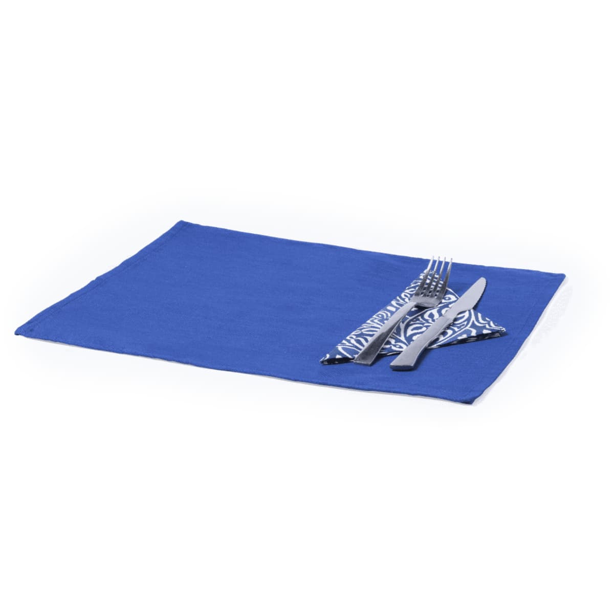 A blue placemat with a patterned napkin and cutlery neatly arranged on top. It features a simple design and has a logo.