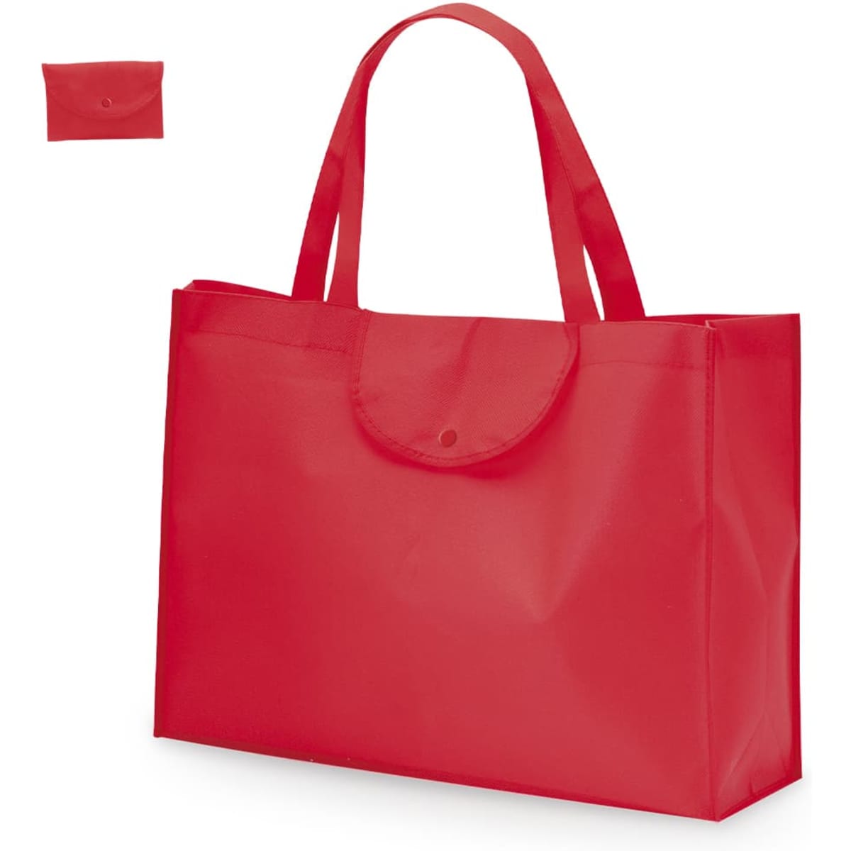 A bright red foldable bag with a snap closure and handles, featuring a smaller version for compact storage.