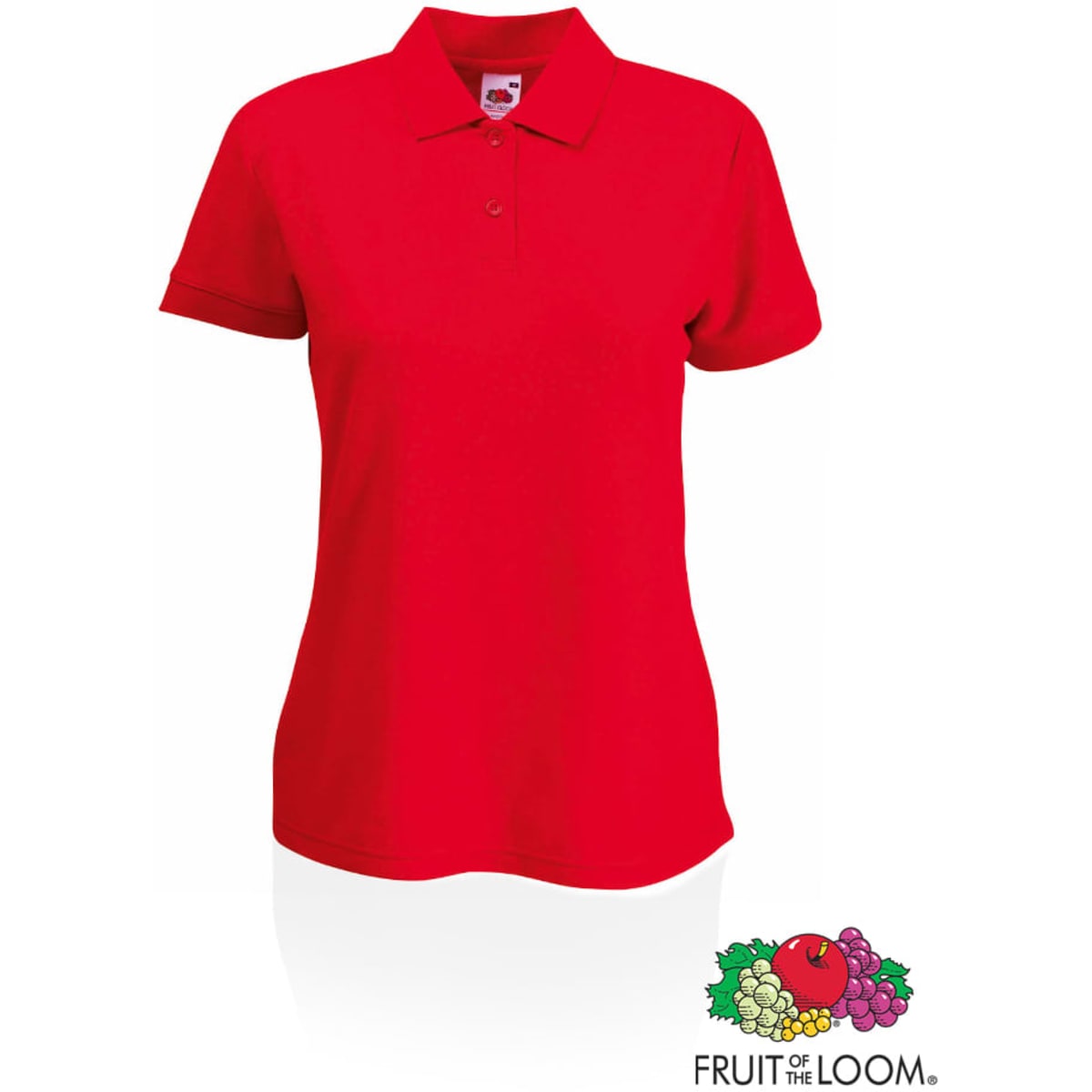 A red polo shirt with a collar and short sleeves, featuring a logo at the bottom.