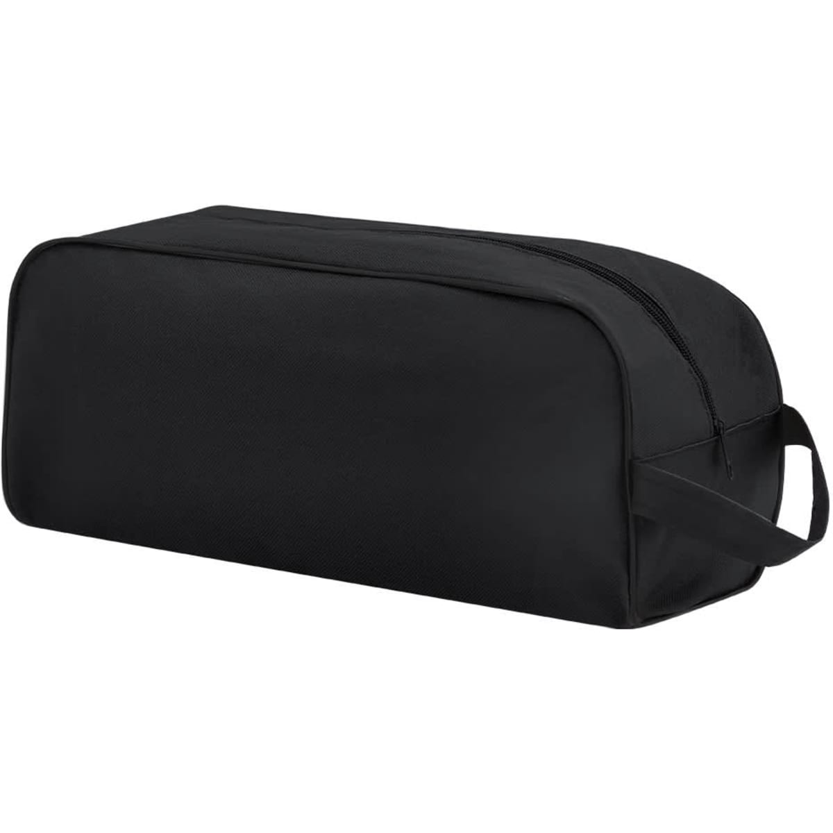 A black cosmetic bag with a zip closure and a side handle, featuring a sleek and simple design.
