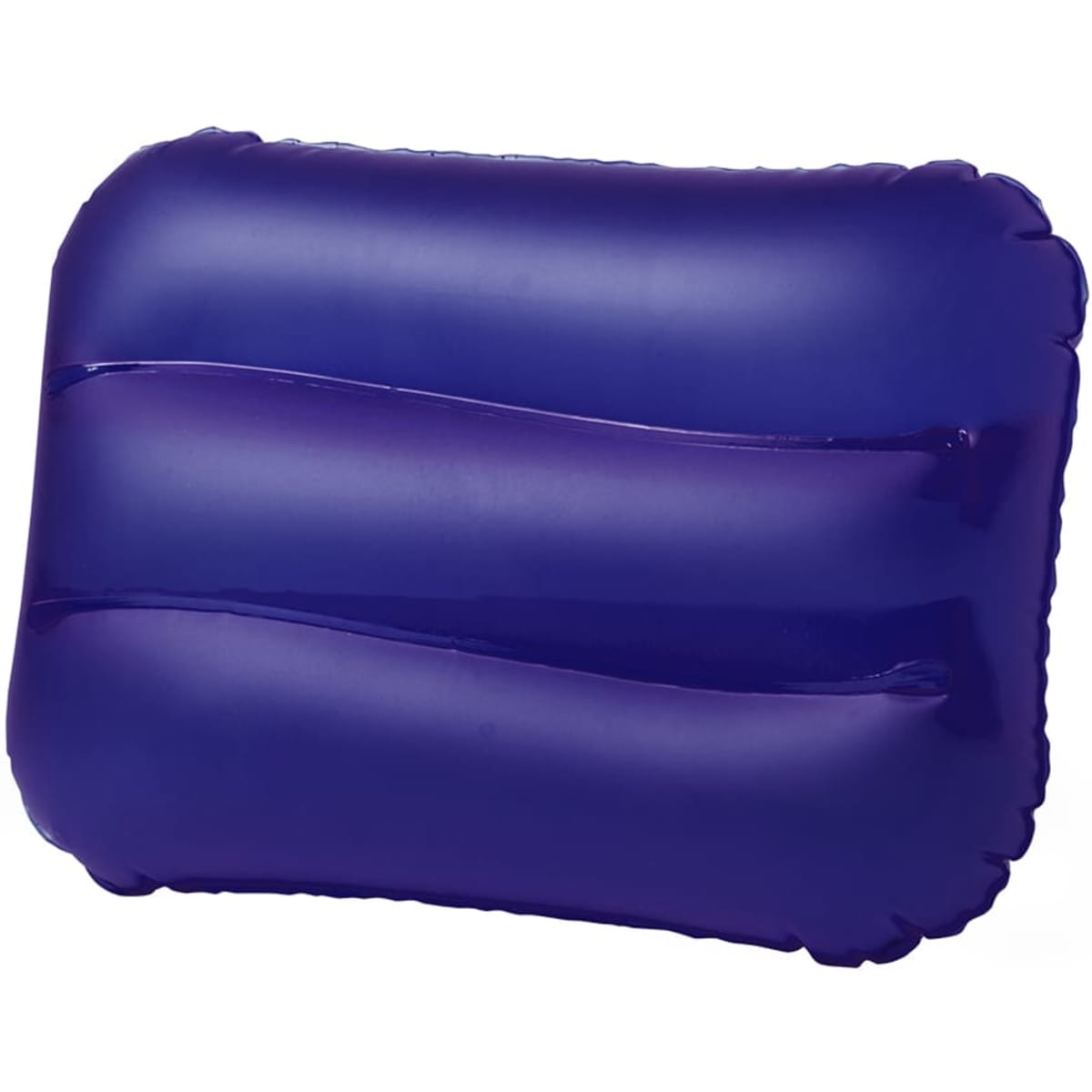 A purple inflatable lounge cushion with three horizontal grooves and a smooth surface. It features a logo.
