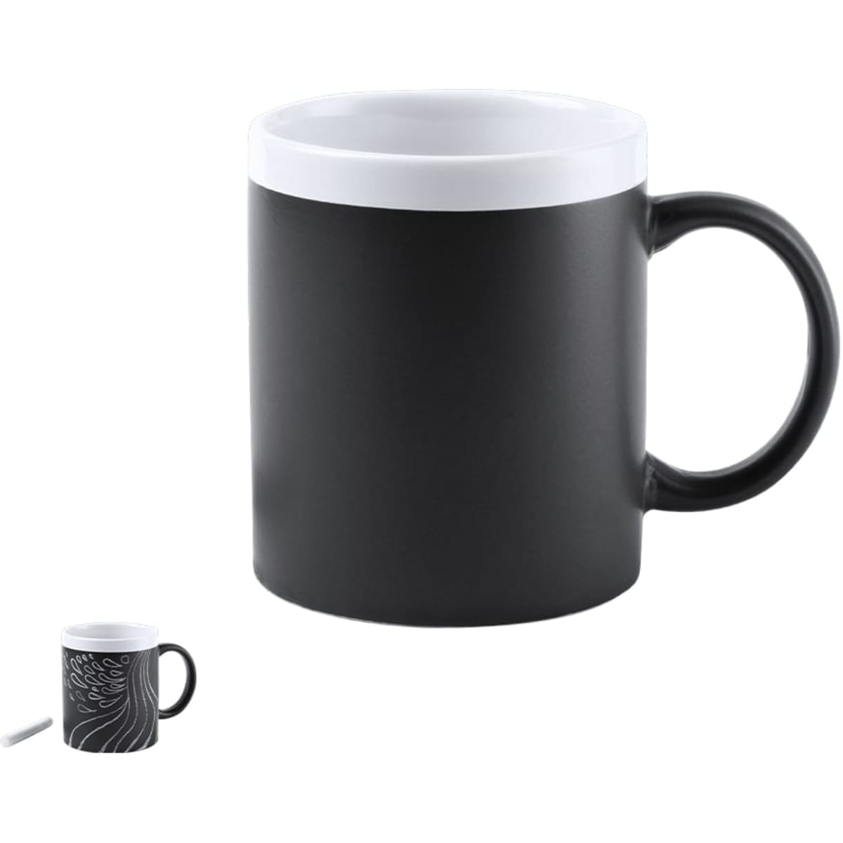 A black coffee mug with a white interior and a decorative pattern on one side. It features a handle and branding.