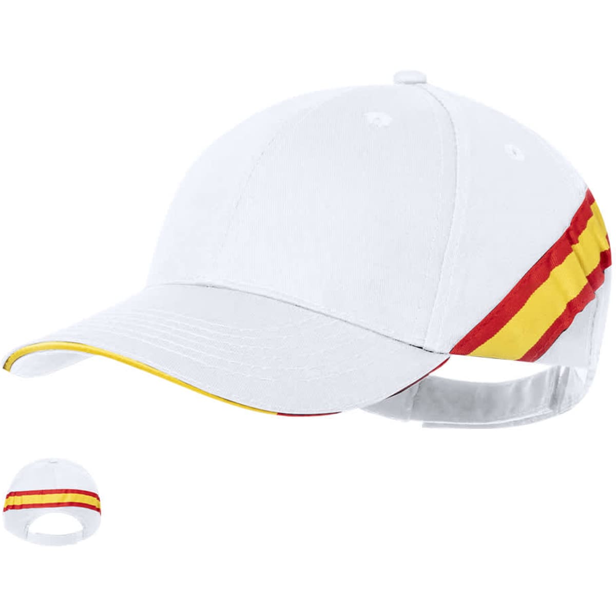 A white cap featuring red and yellow stripes, with an adjustable strap in the back. Includes a matching strapless design.