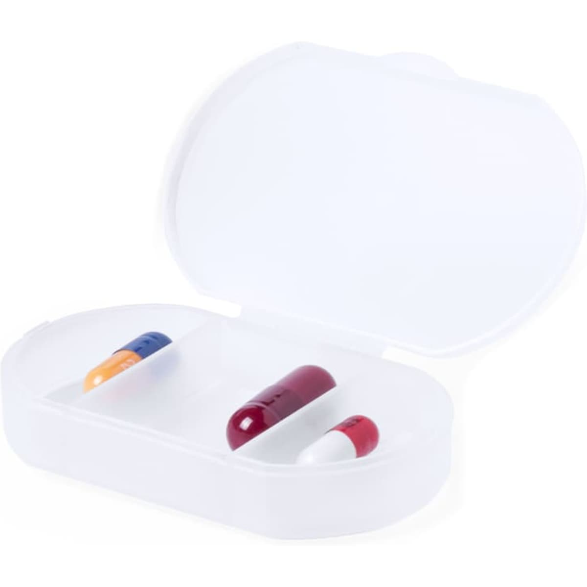 A white pill organiser containing three capsules: one blue, one red, and one orange. The lid is open, revealing the contents.