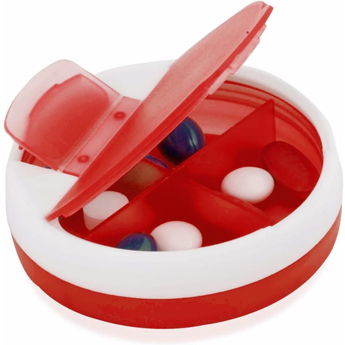 A red and white pillbox with a lid open, revealing compartments containing various pills. It features a logo.