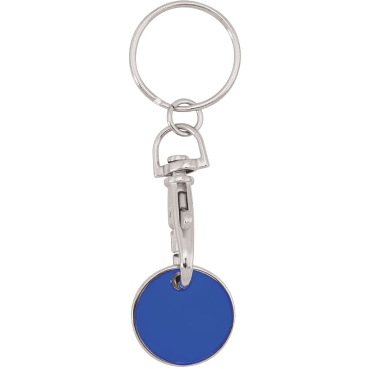 A blue keyring with a circular pendant and a metal clip, attached to a silver keyring.