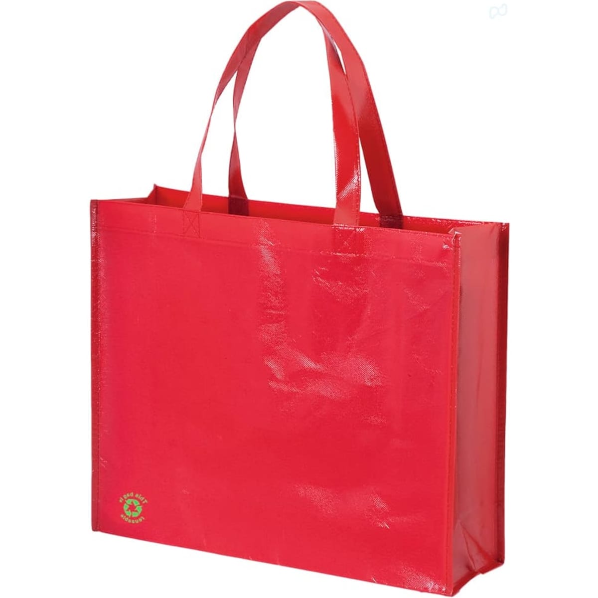 A red tote bag with sturdy handles and a glossy finish, featuring a small logo on the front.