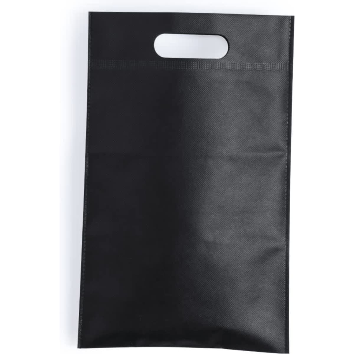 A black promotional bag featuring a handle and a simple design, suitable for miscellaneous items.