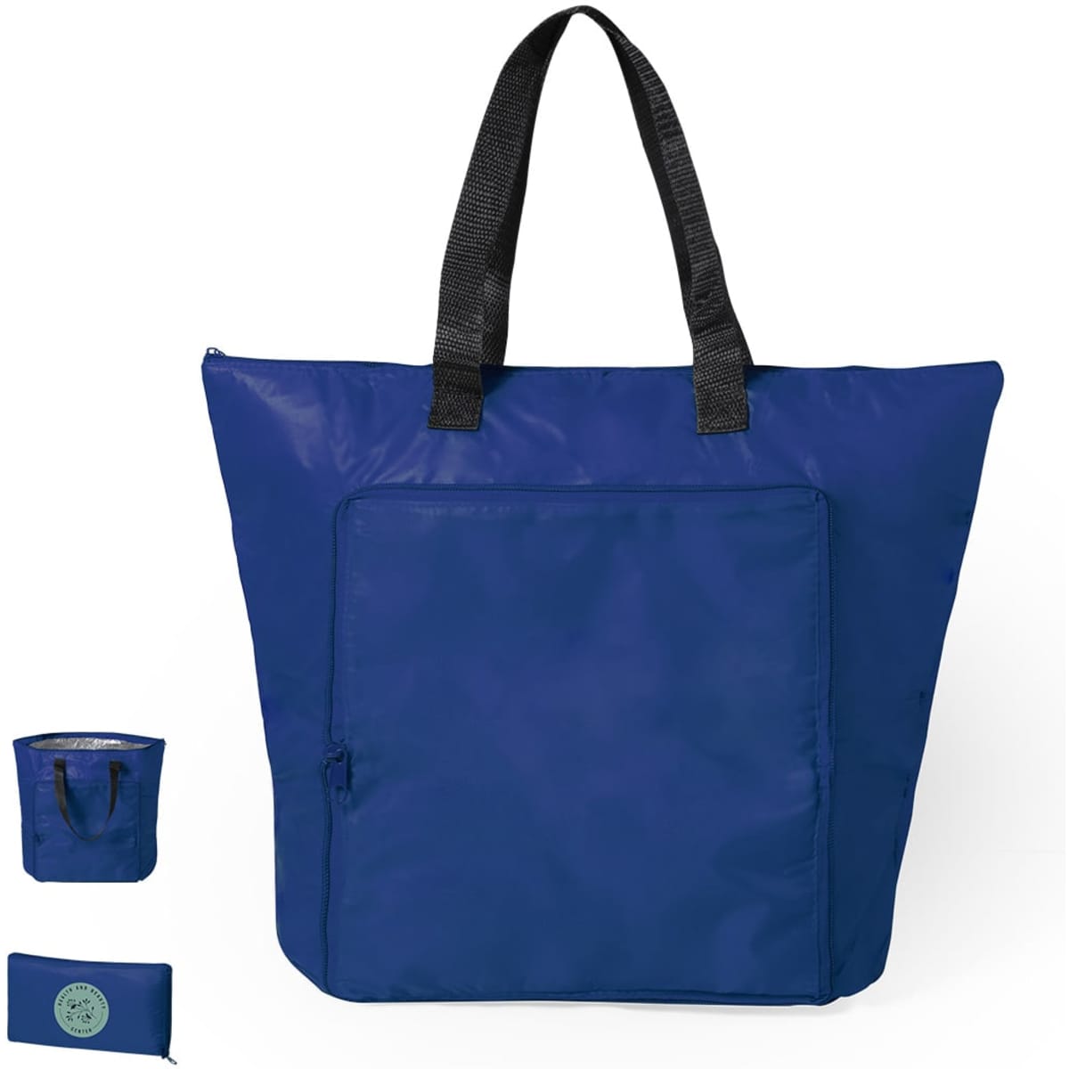 A blue cooler bag with black straps and a front pocket, featuring a small matching pouch.