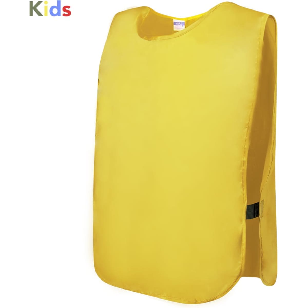 A yellow sports bib designed for kids, featuring a simple sleeveless design and a stitched strap for securing.