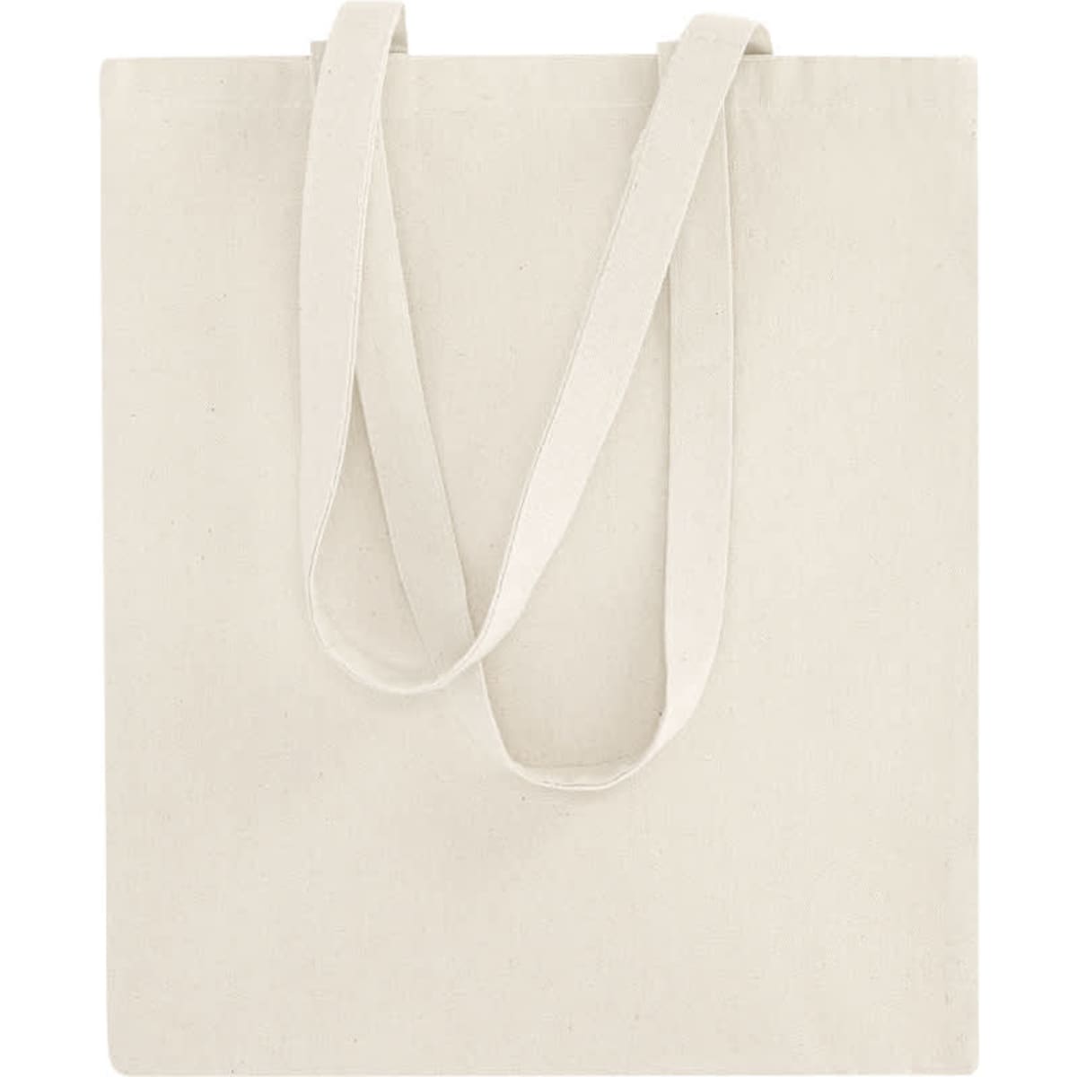 A cream-coloured tote bag with two long handles and a simple design, featuring a logo.