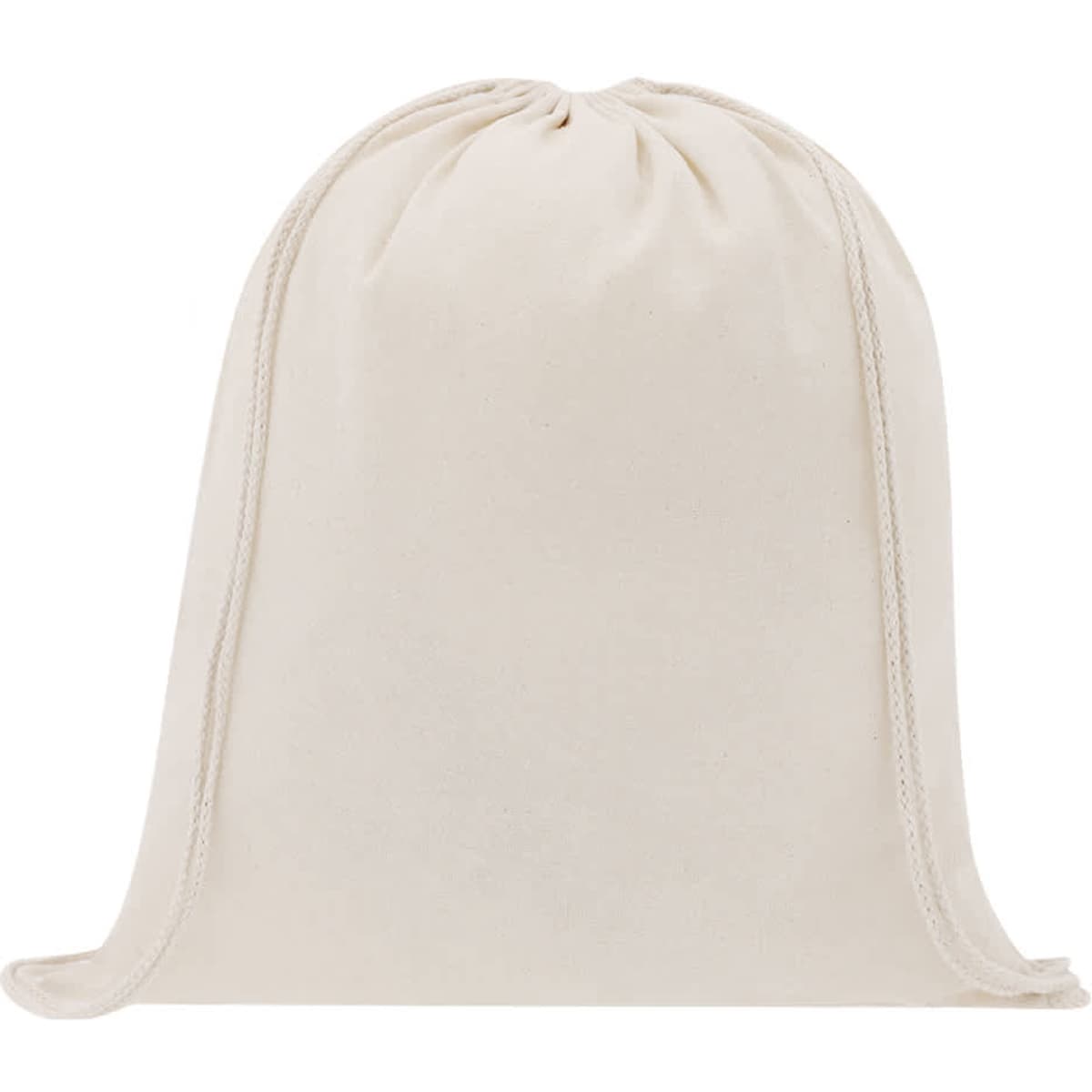 A cream drawstring bag with a gathered top and side seams, featuring a simple design and branding.