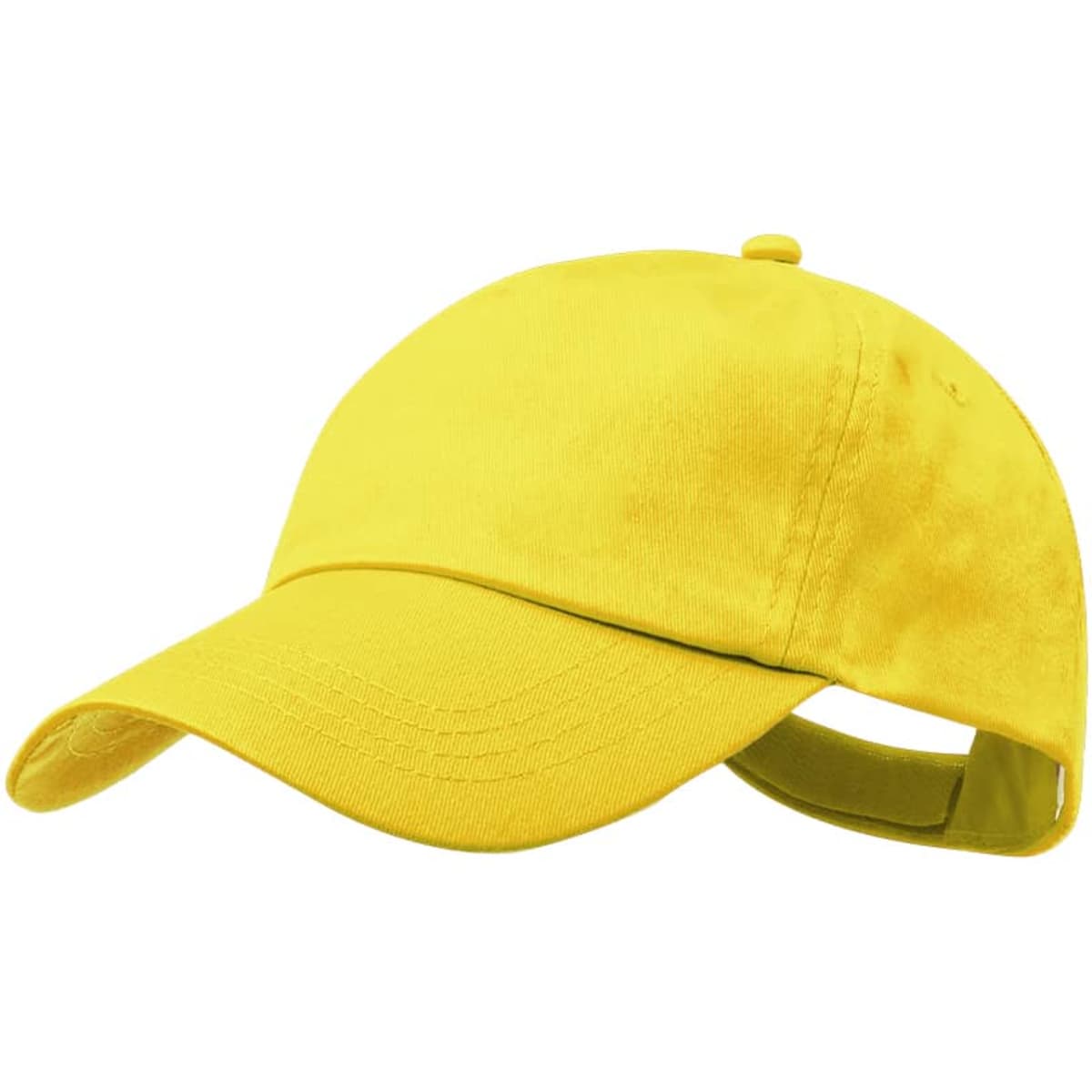 A yellow cap with a curved brim and a strap at the back; features a logo.