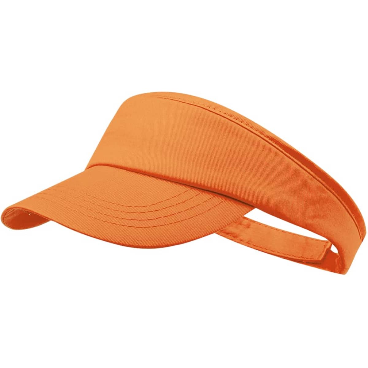 An orange visor with a curved brim and an adjustable strap at the back, featuring a logo.