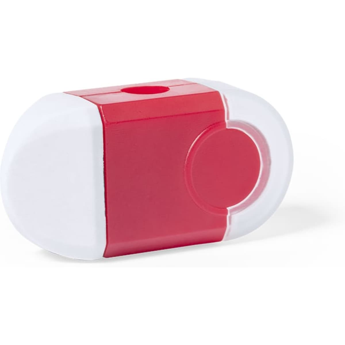 A red and white eraser with a smooth finish, featuring a rounded design and a hole for easy gripping.